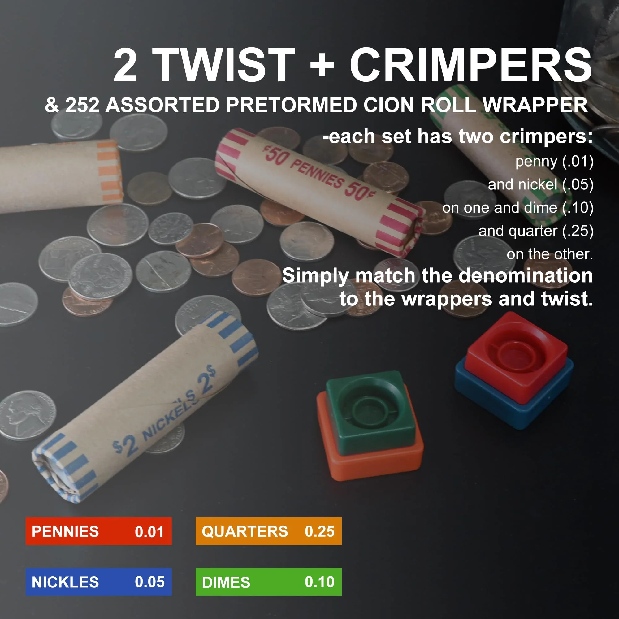 L LIKED 60 Assorted Coin Wrappers Preformed Tubes & 2 Crimping Wrapper Tools -(Quarters, Pennies, Nickels and Dimes) - Image 3