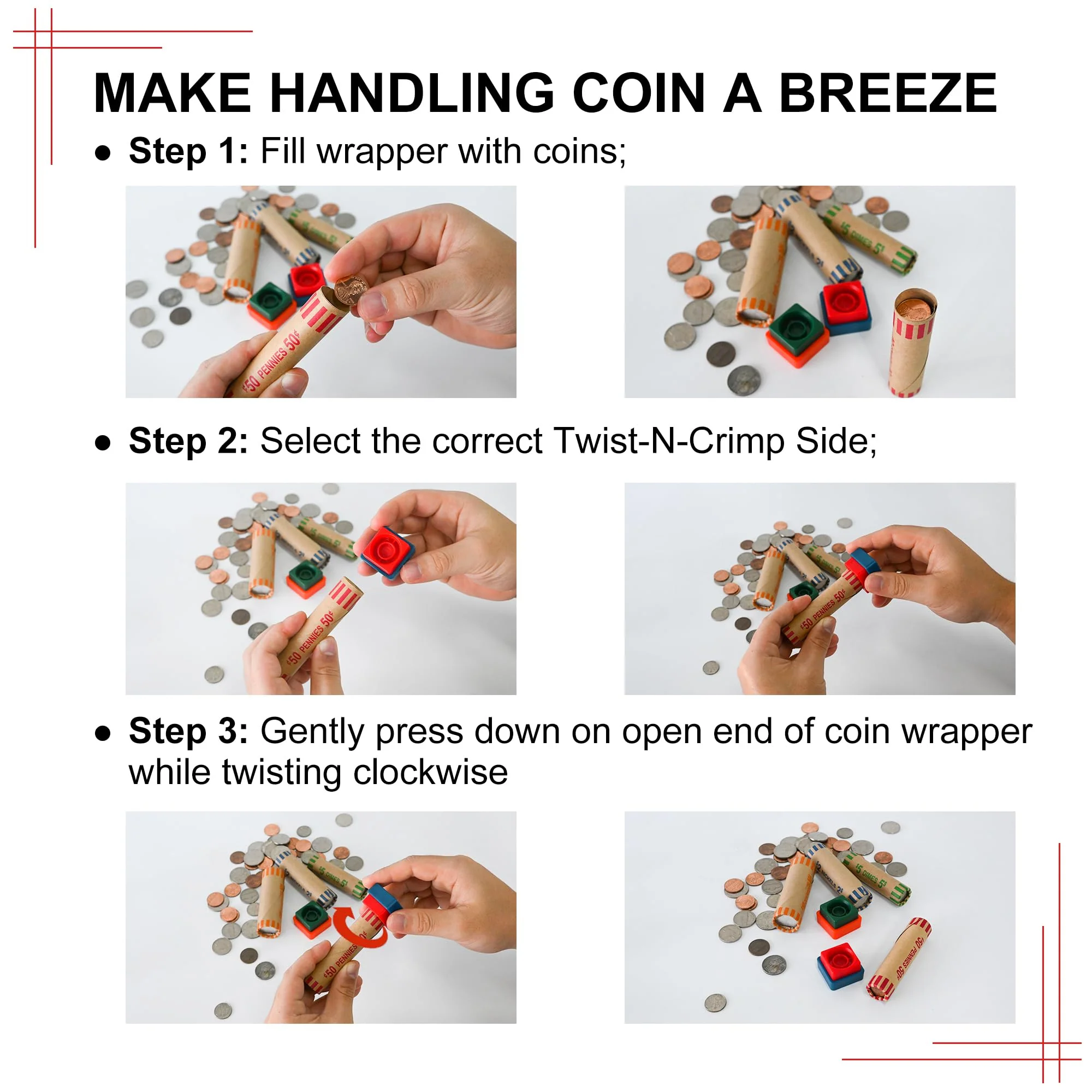 L LIKED 60 Assorted Coin Wrappers Preformed Tubes & 2 Crimping Wrapper Tools -(Quarters, Pennies, Nickels and Dimes) - Image 5