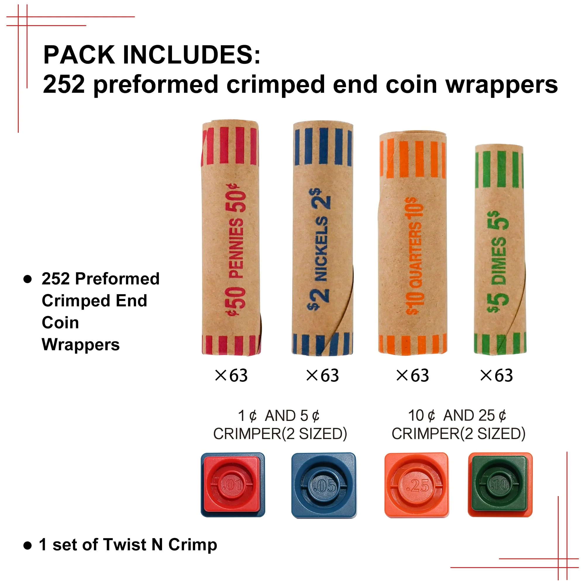 L LIKED 60 Assorted Coin Wrappers Preformed Tubes & 2 Crimping Wrapper Tools -(Quarters, Pennies, Nickels and Dimes) - Image 7