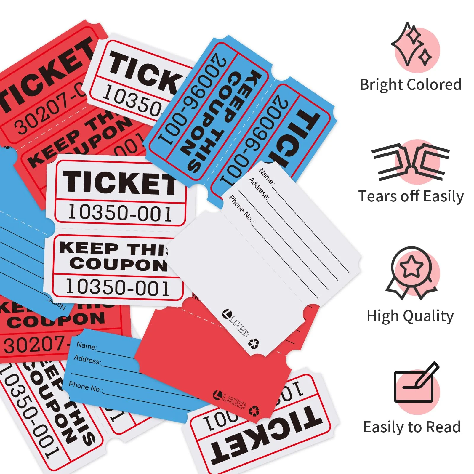 L LIKED Raffle Tickets Double Roll,Consecutively Numbered,50/50 Raffle Tickets for Event,Party,Prize,Drawing(3000 PCS Assorted) - Image 5
